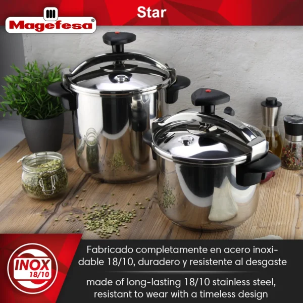 Magefesa Star Recta, olla a presión rápida, acero inoxidable 18/10, para todo tipo de cocinas, inducción - Imagen 3