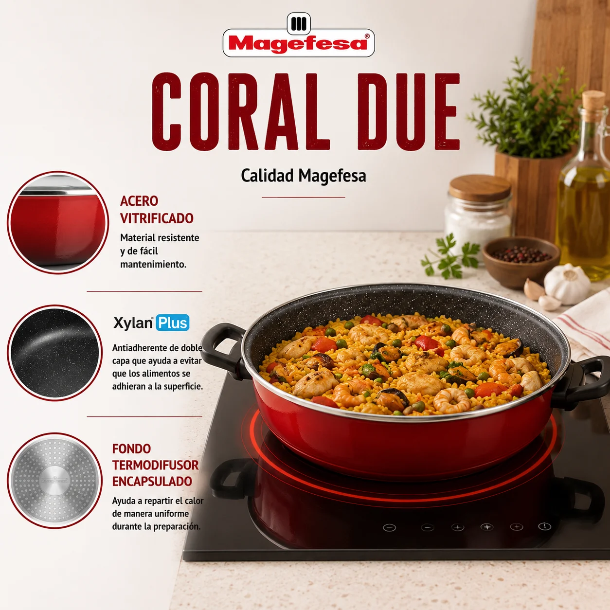 Características de la Olla Arrocera Magefesa Coral Due Roja