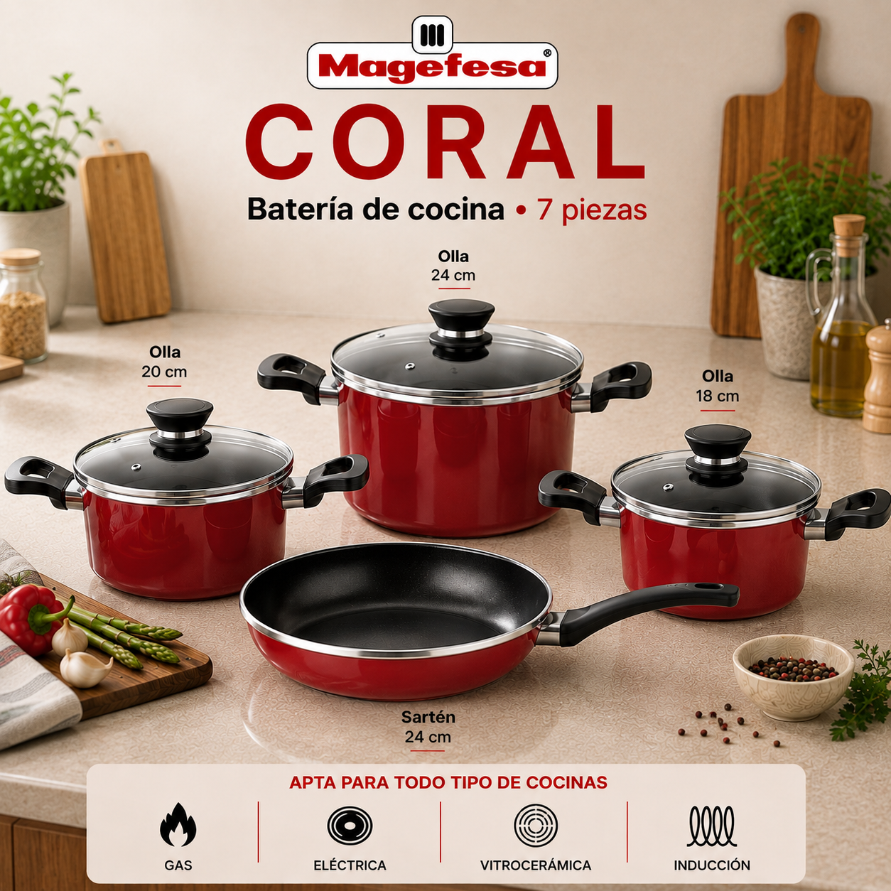 Batería de Cocina Magefesa Coral Roja 7 Piezas