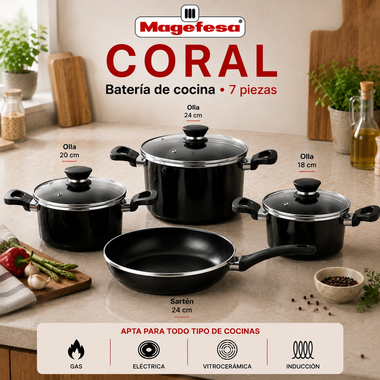 Batería de cocina Magefesa Coral 7 piezas negra