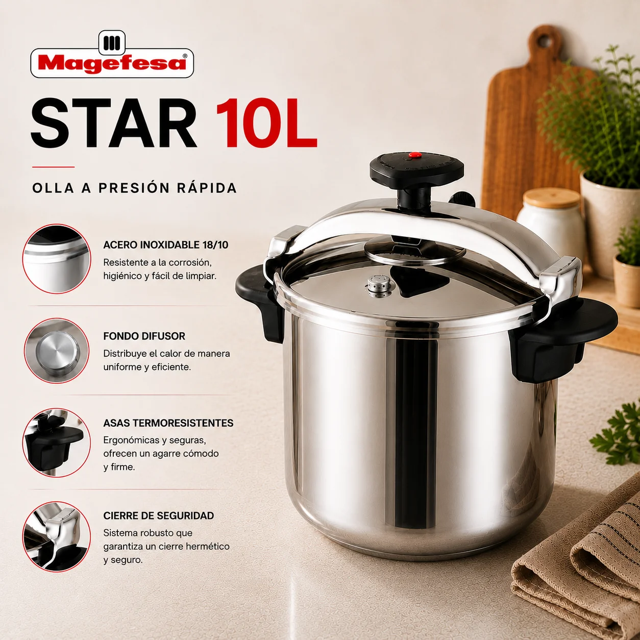 Materiales de la Olla a Presión Magefesa Star Recta 10 Litros