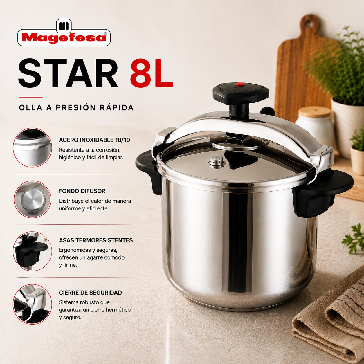 Características de la Olla Magefesa Star Recta 8 Litros