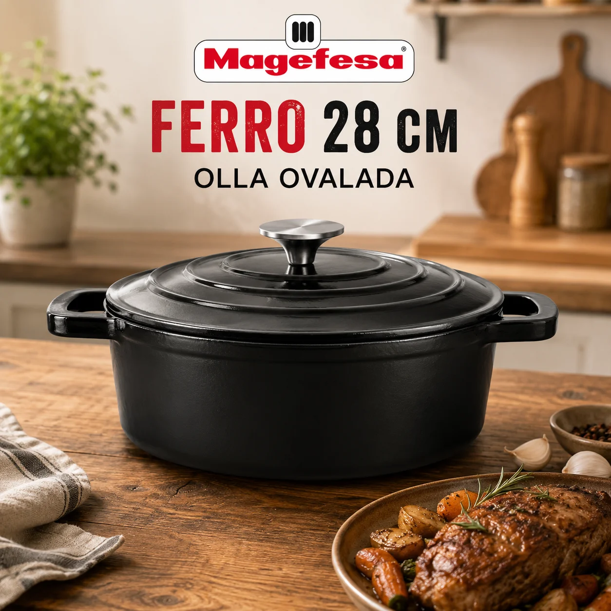 Olla Oval con Tapa Magefesa Ferro Negra 28 cm