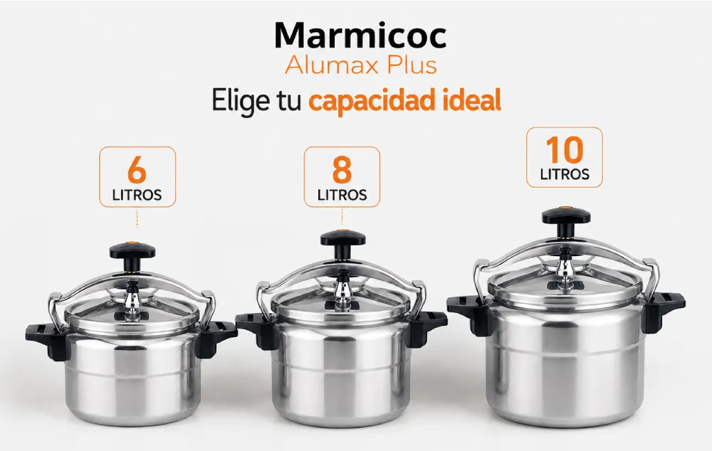 Olla a presión Marmicoc Alumax Plus disponible en 6, 8 y 10 litros