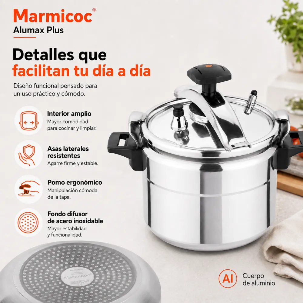 Materiales y detalles de la olla a presión Marmicoc Alumax Plus