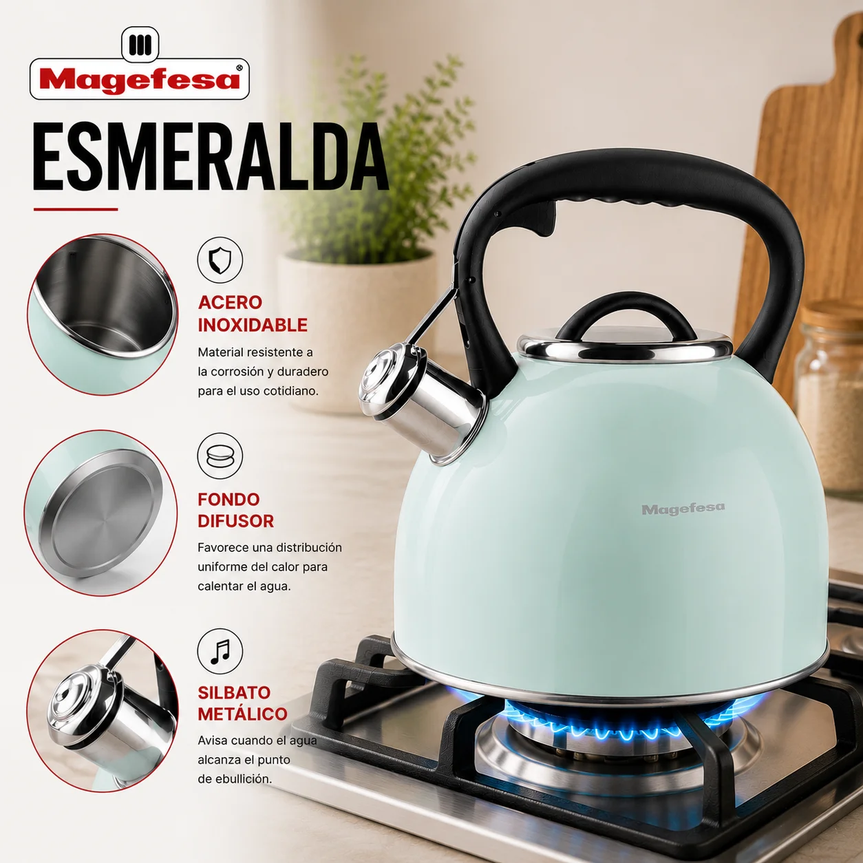 Características de la Tetera Silbadora Magefesa Esmeralda