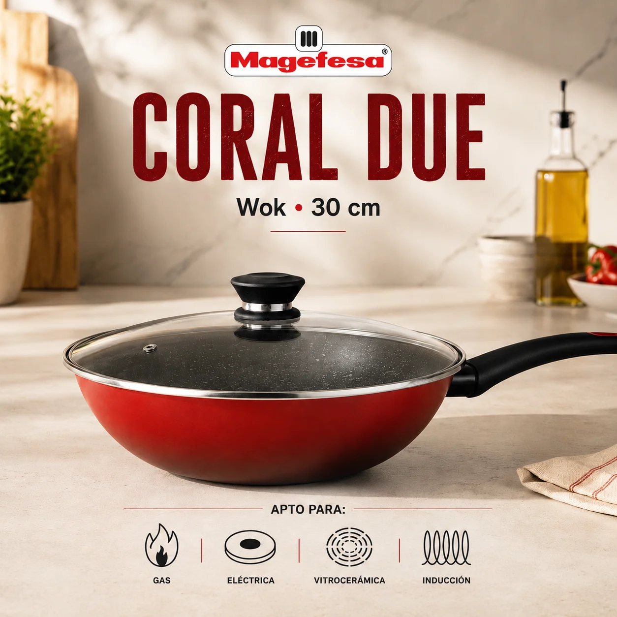 Wok con Tapa Magefesa Coral Due Rojo 30 cm