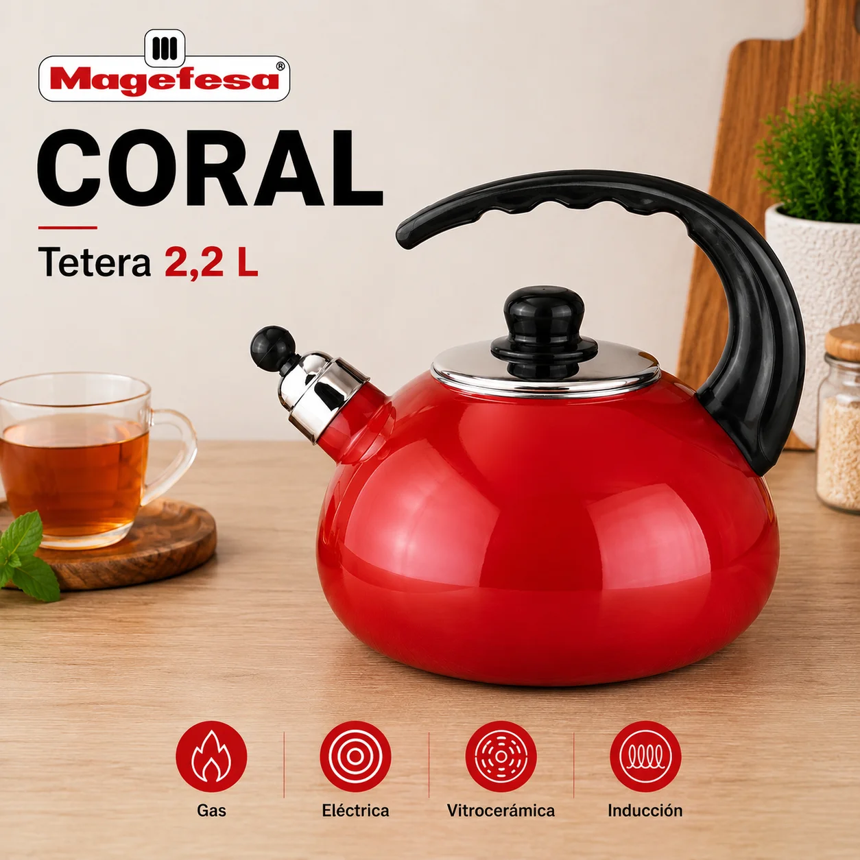 Tetera Silbadora Magefesa Coral 2,2 Litros Acero Vitrificado Roja