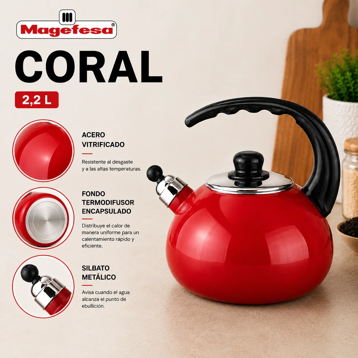 Características de la Tetera Silbadora Magefesa Coral
